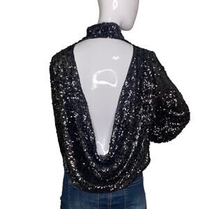 Free People Moonstruck Open Back Black Sequins Top Long Sleeve Size S